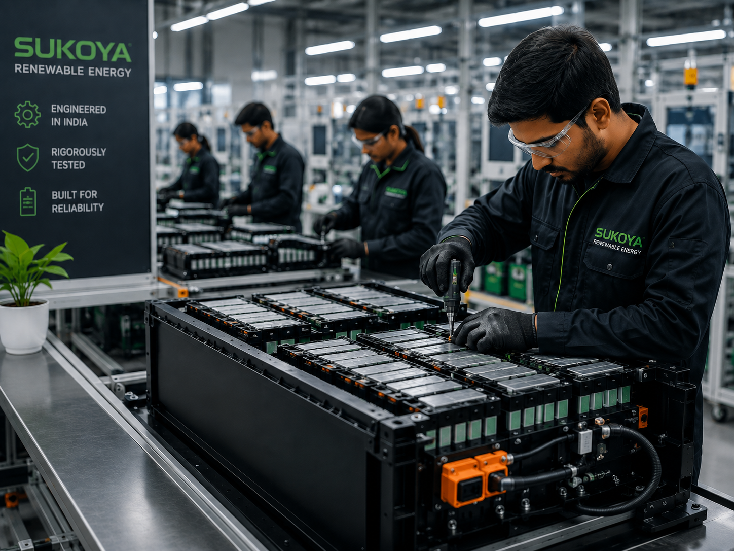 Sukoya team assembling lithium battery packs on the production line
